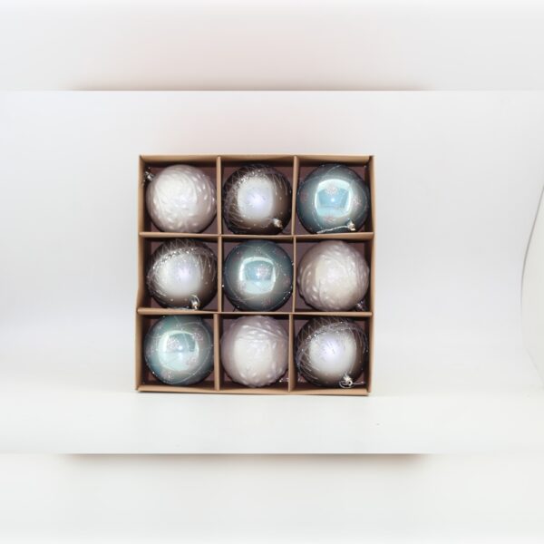 SET X 9 BOLAS PINTADAS 10CM PLATA/AZUL/BLANCA