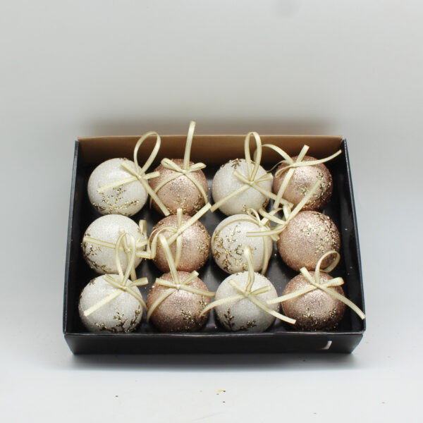 BOLA 8CM DECORADA CON COPO DE NIEVE DORADO SET X 12